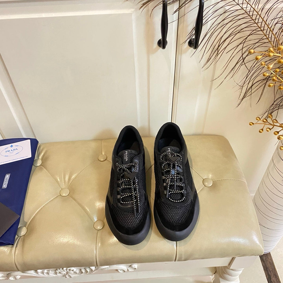 Prada 26s Lace Up Sneakers Chunky Sole In Black Tech Fabric And Mesh