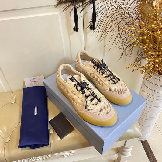 Prada 26s Lace Up Sneakers Chunky Sole In Beige Tech Fabric And Mesh
