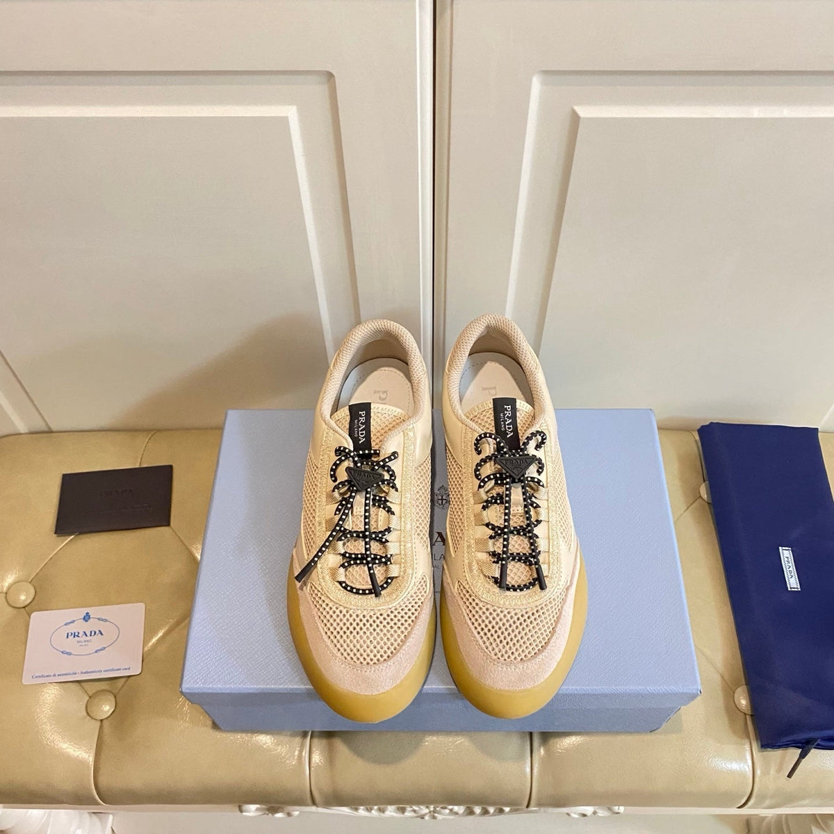 Prada 26s Lace Up Sneakers Chunky Sole In Beige Tech Fabric And Mesh