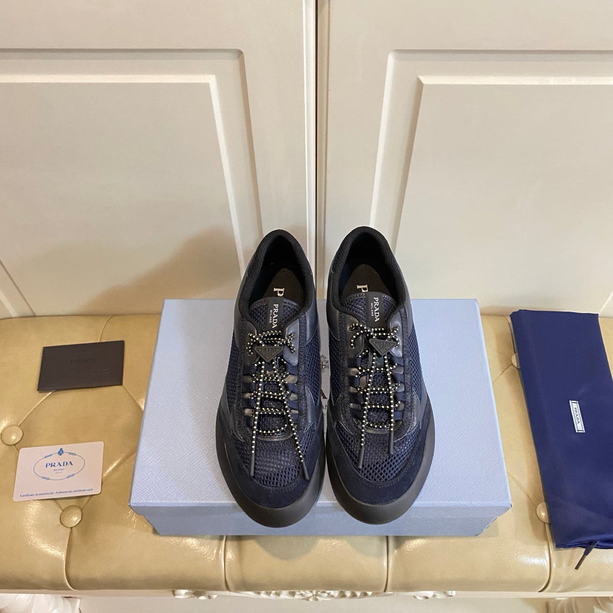 Prada 26s Lace Up Sneakers Chunky Sole In Blue Tech Fabric And Mesh