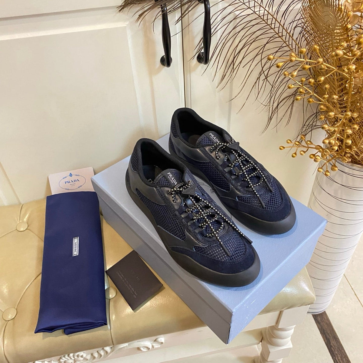 Prada 26s Lace Up Sneakers Chunky Sole In Blue Tech Fabric And Mesh