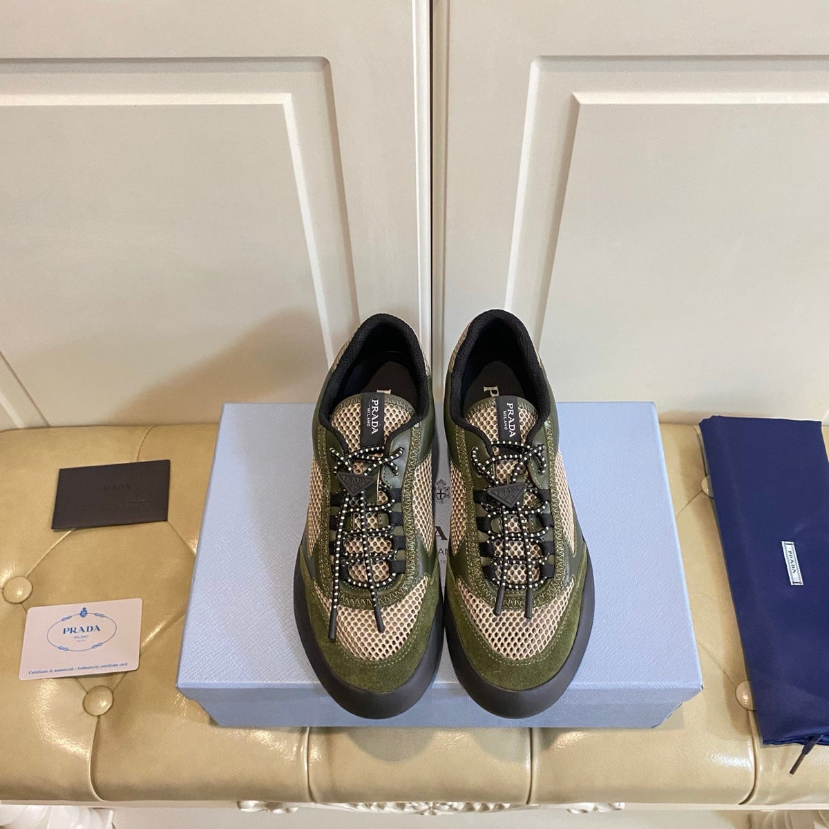 Prada 26s Lace Up Sneakers Chunky Sole In Olive Green Tech Fabric And Mesh