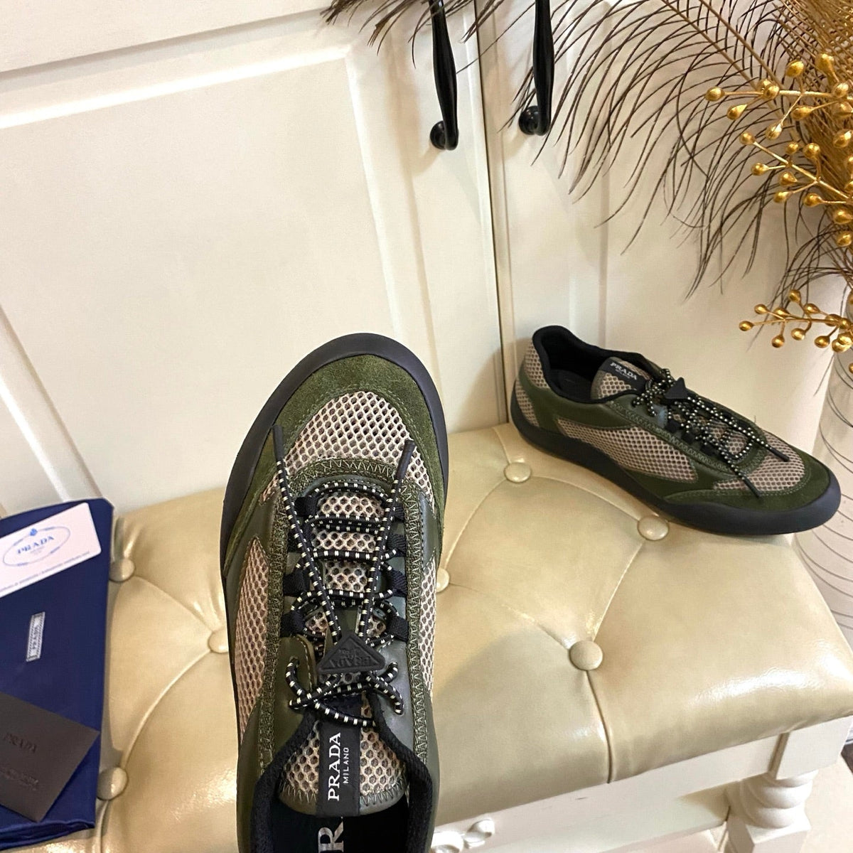 Prada 26s Lace Up Sneakers Chunky Sole In Olive Green Tech Fabric And Mesh