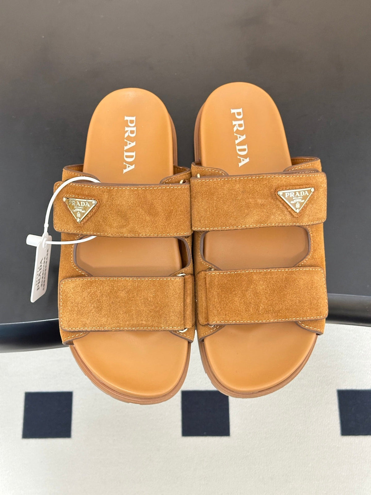 Prada 26s Band Sandals Tan Brown Suede 834766