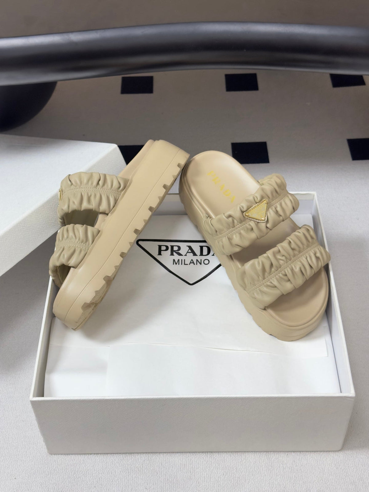 Prada 26s Flatform Slides Beige Matelassé Leather 834768