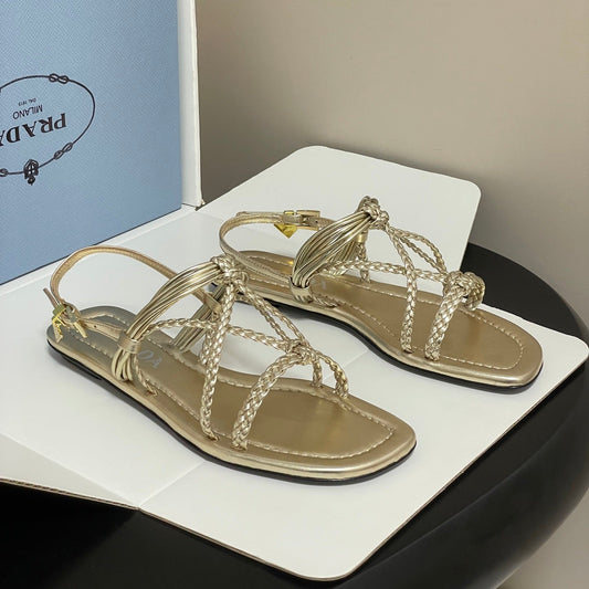 Prada Strappy Flat Sandals Gold Sheepskin 834809