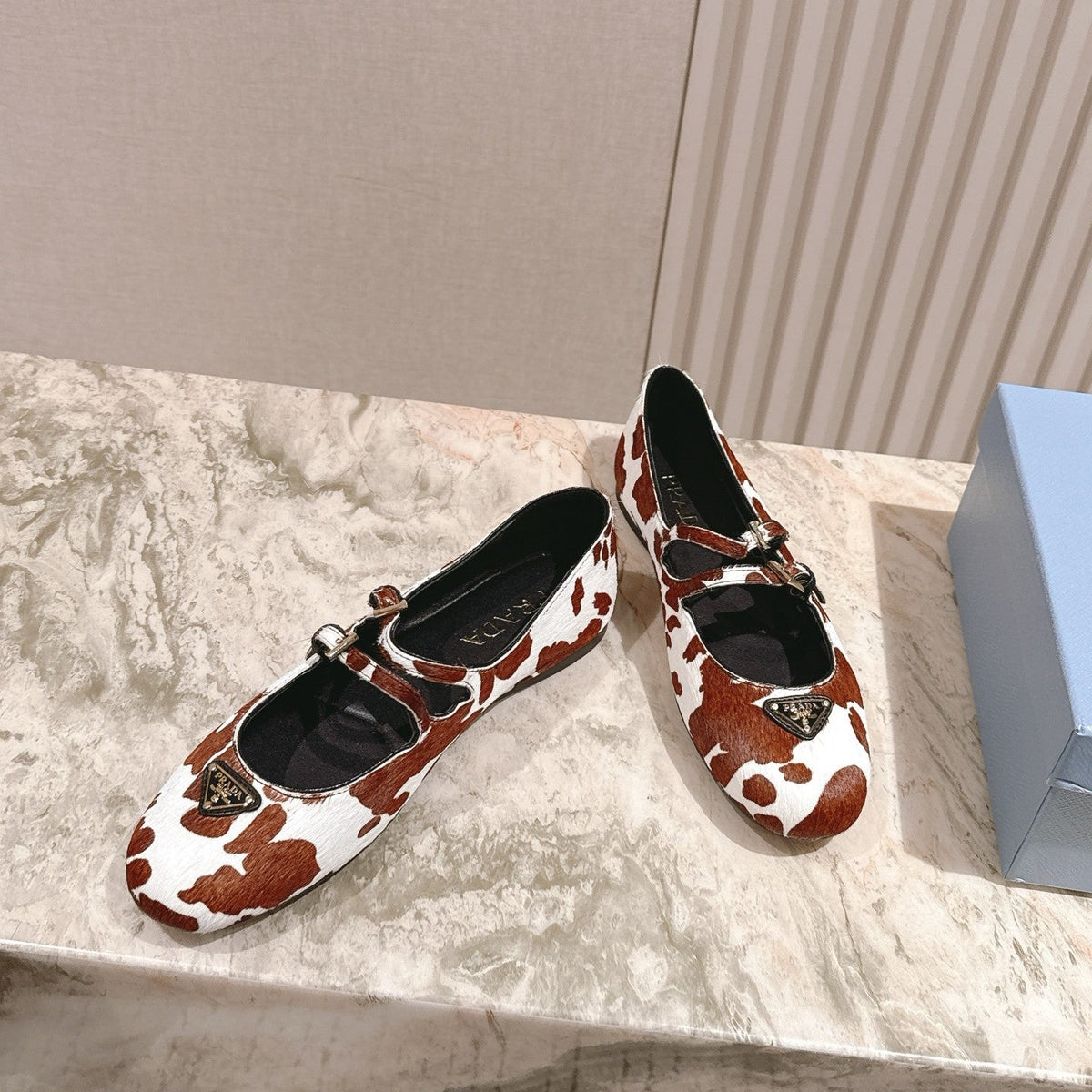 PRA 25s Ballet Flats with Small Buckle Brown White Cow Printed Calf-hair 449702