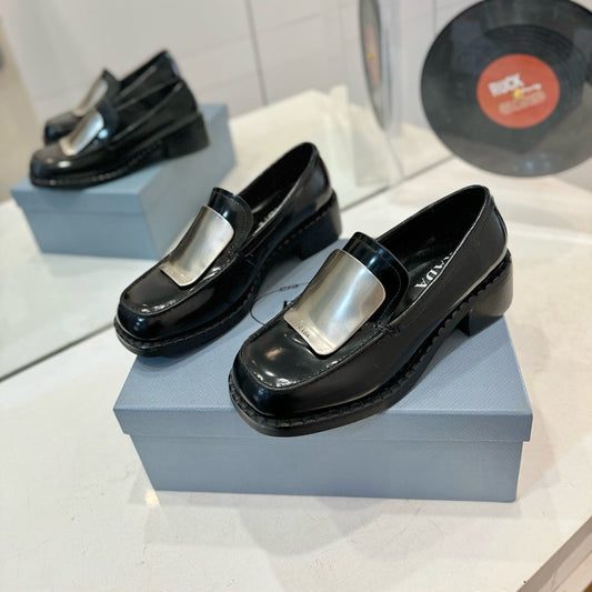 Prada 26s Metal Plate Loafers Black Brushed Leather 941513