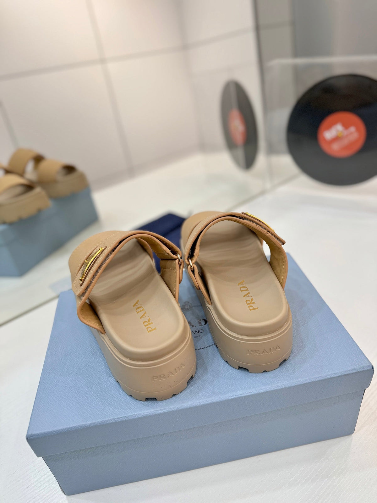 Prada 26s Double-Strap Sandals 5cm Beige Suede Leather 941597