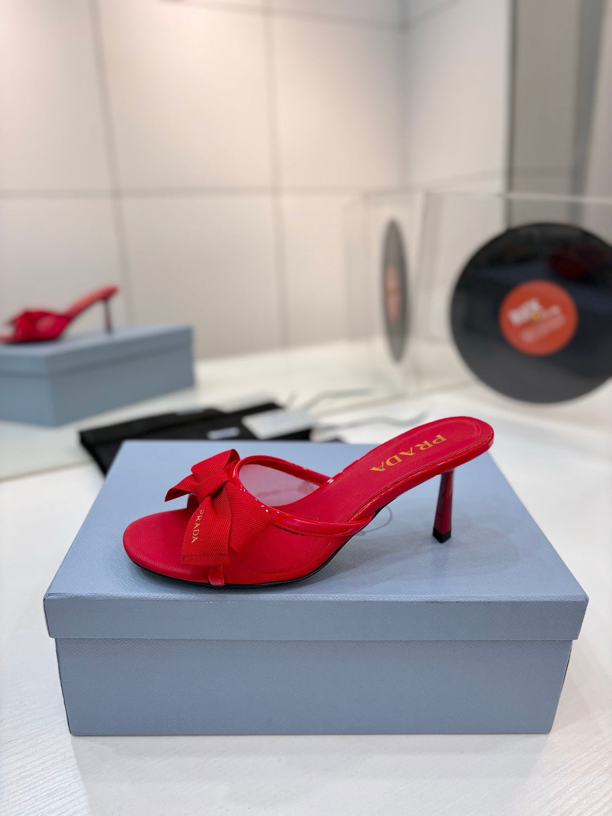 Prada Mesh 7.5cm Red Fabric Mules 834603