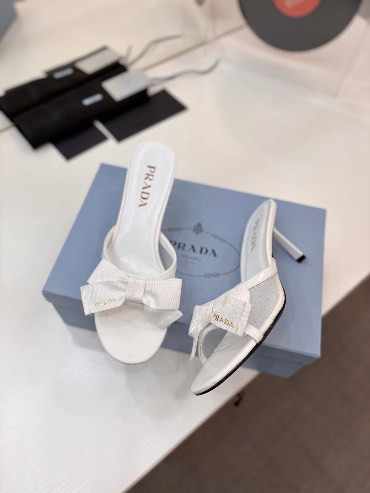 Prada Mesh 7.5cm White Fabric Mules 834605
