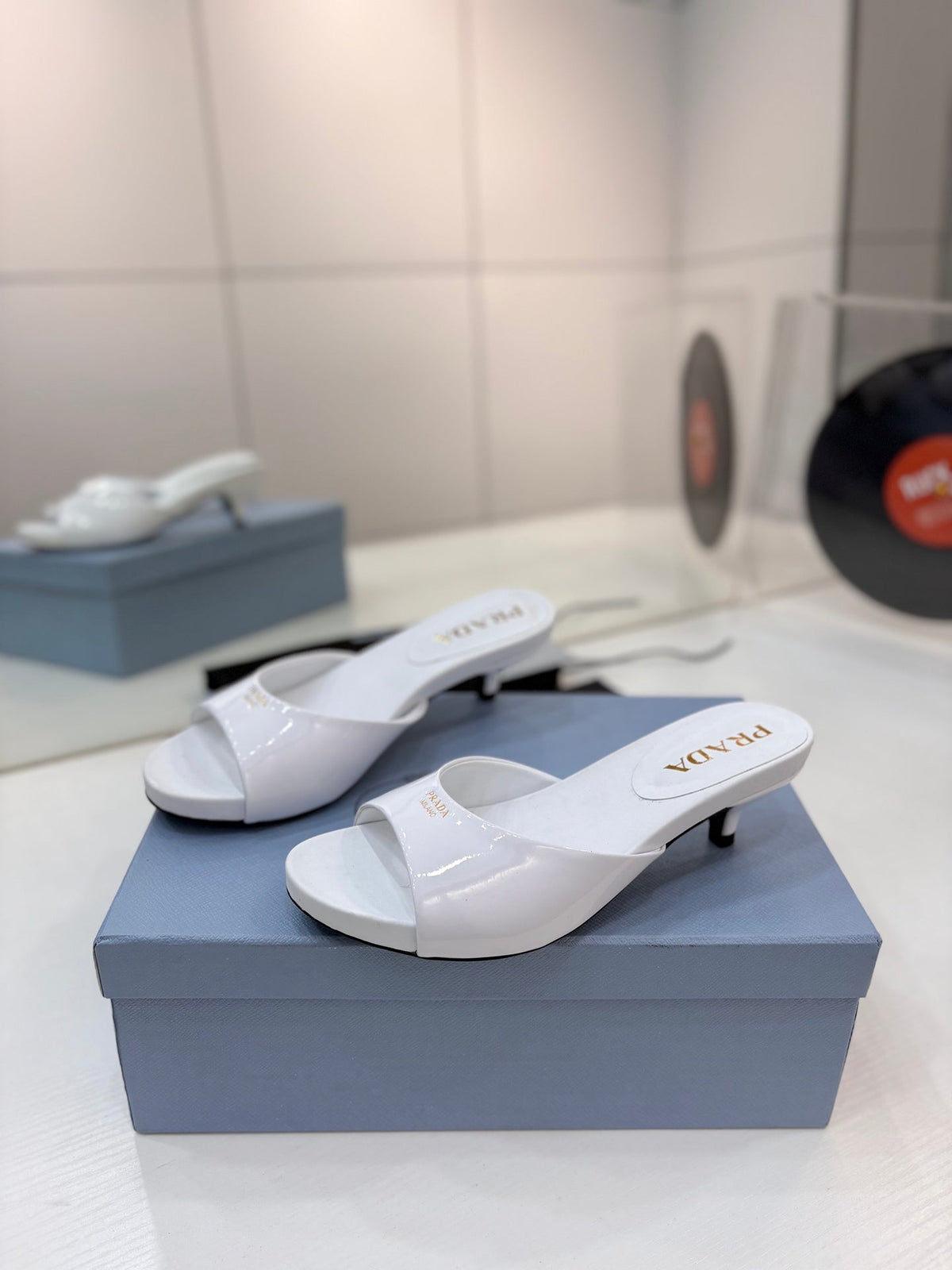 Prada Kitten Heel Sandals 4cm White Patent Leather 834600