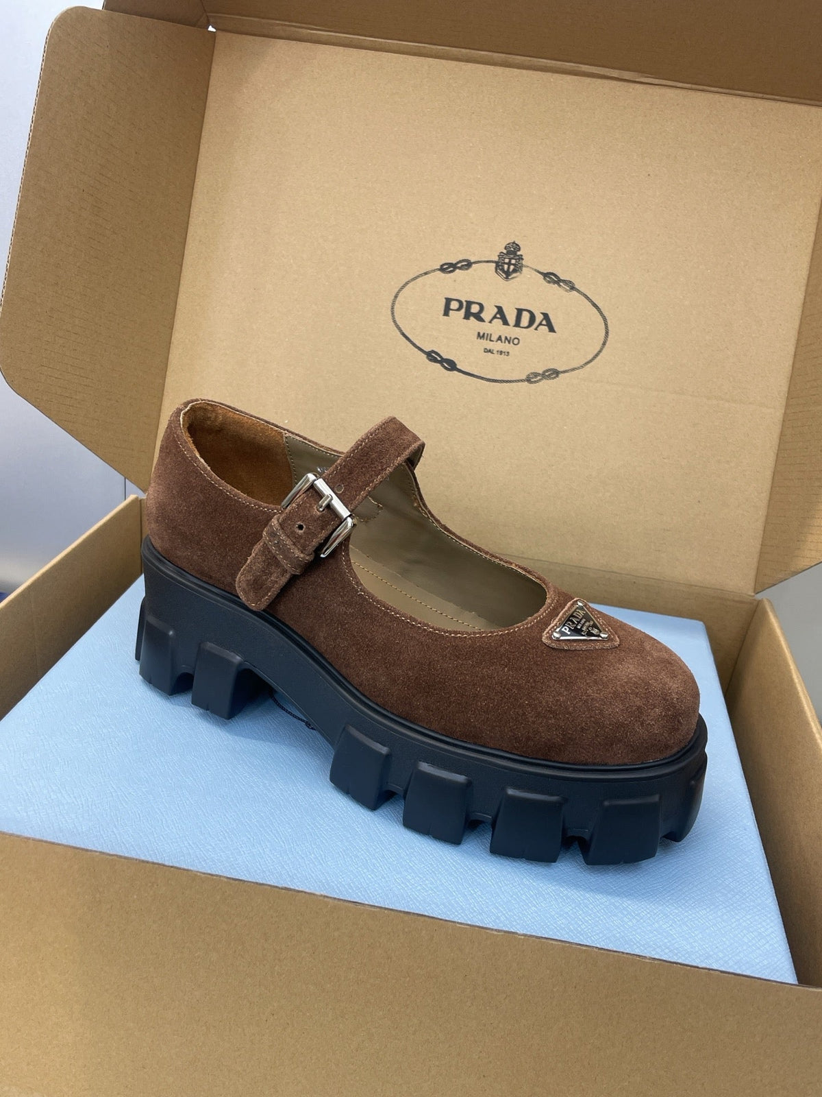 Prada Brushed Monolith Mary Janes Loafer Brown Suede 551880
