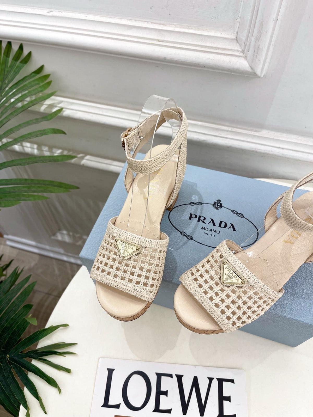 Prada Crochet Cork Platform Sandals 7cm Cream Crochet 947377