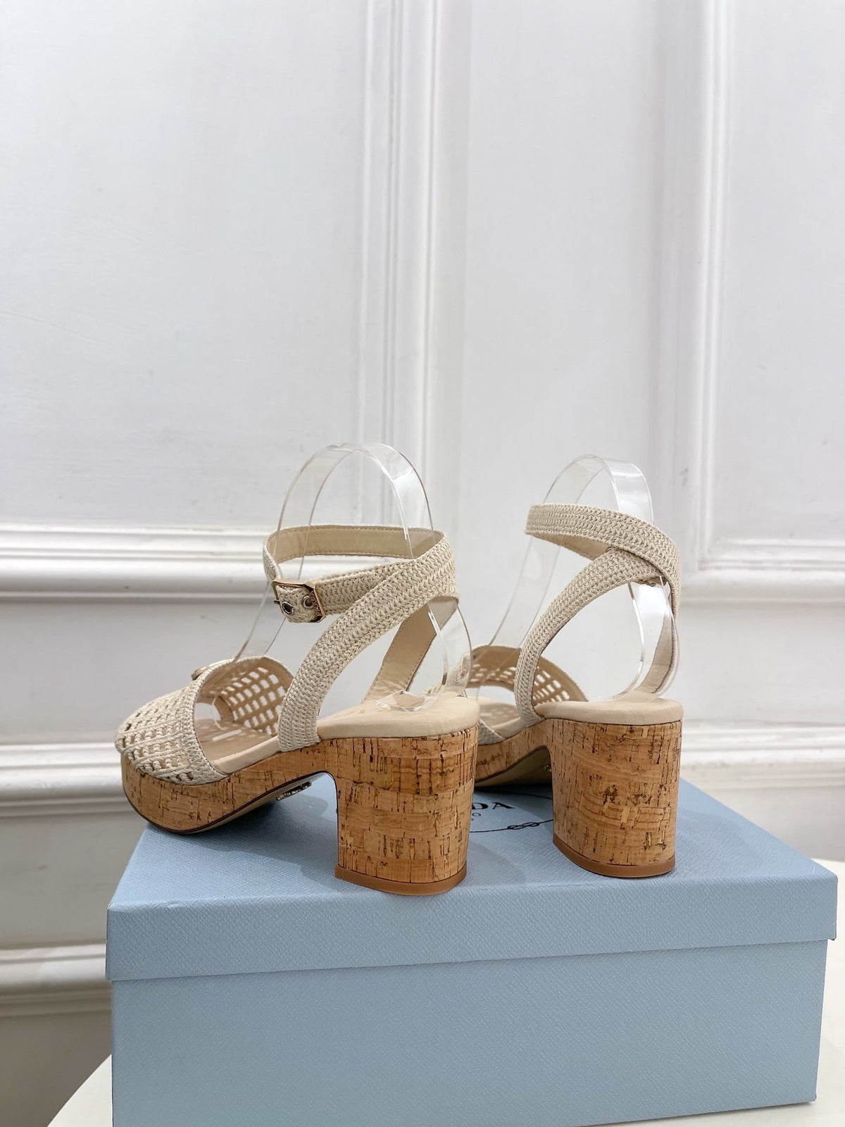 Prada Crochet Cork Platform Sandals 7cm Cream Crochet 947377