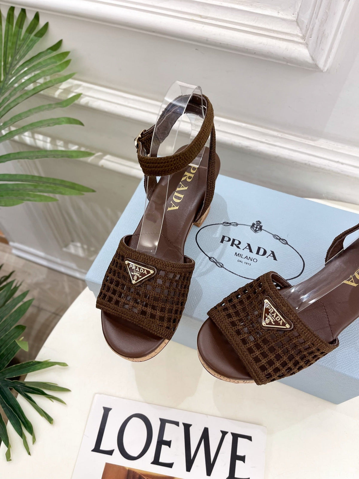 Prada Crochet Cork Platform Sandals 7cm Coffee Crochet 947378