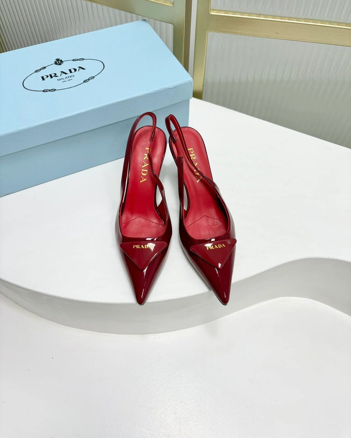 Prada 2026 High-Heeled Open-Back Sandal Red Cowhide Patent Leather 756123