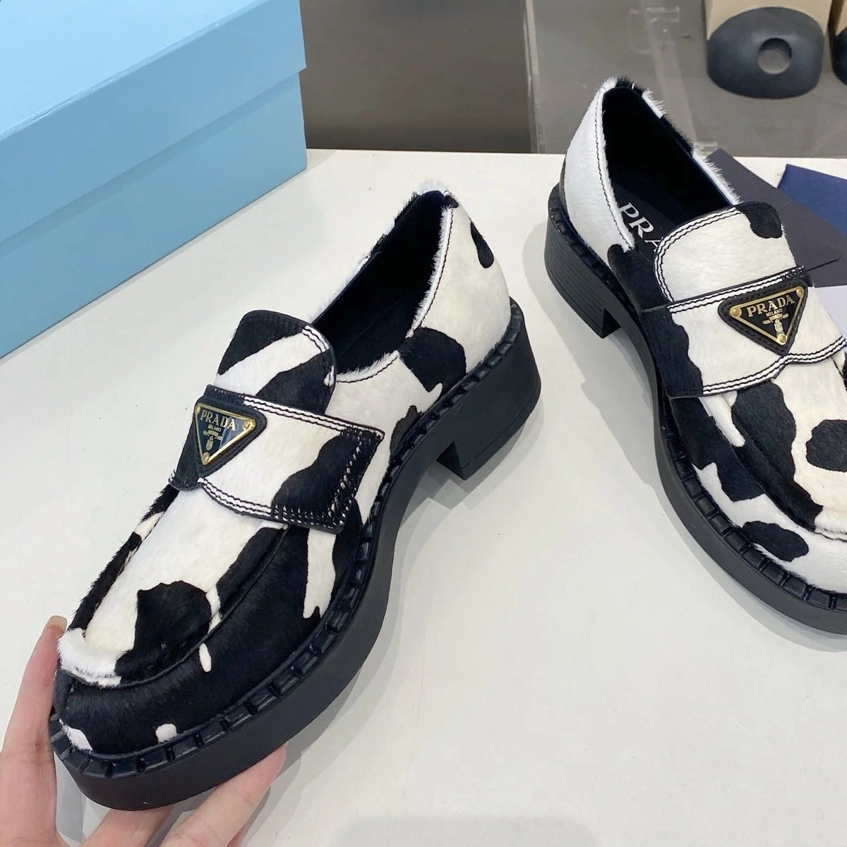 PRA 26S Platform Loafers Black White Cow Print Leather 628561