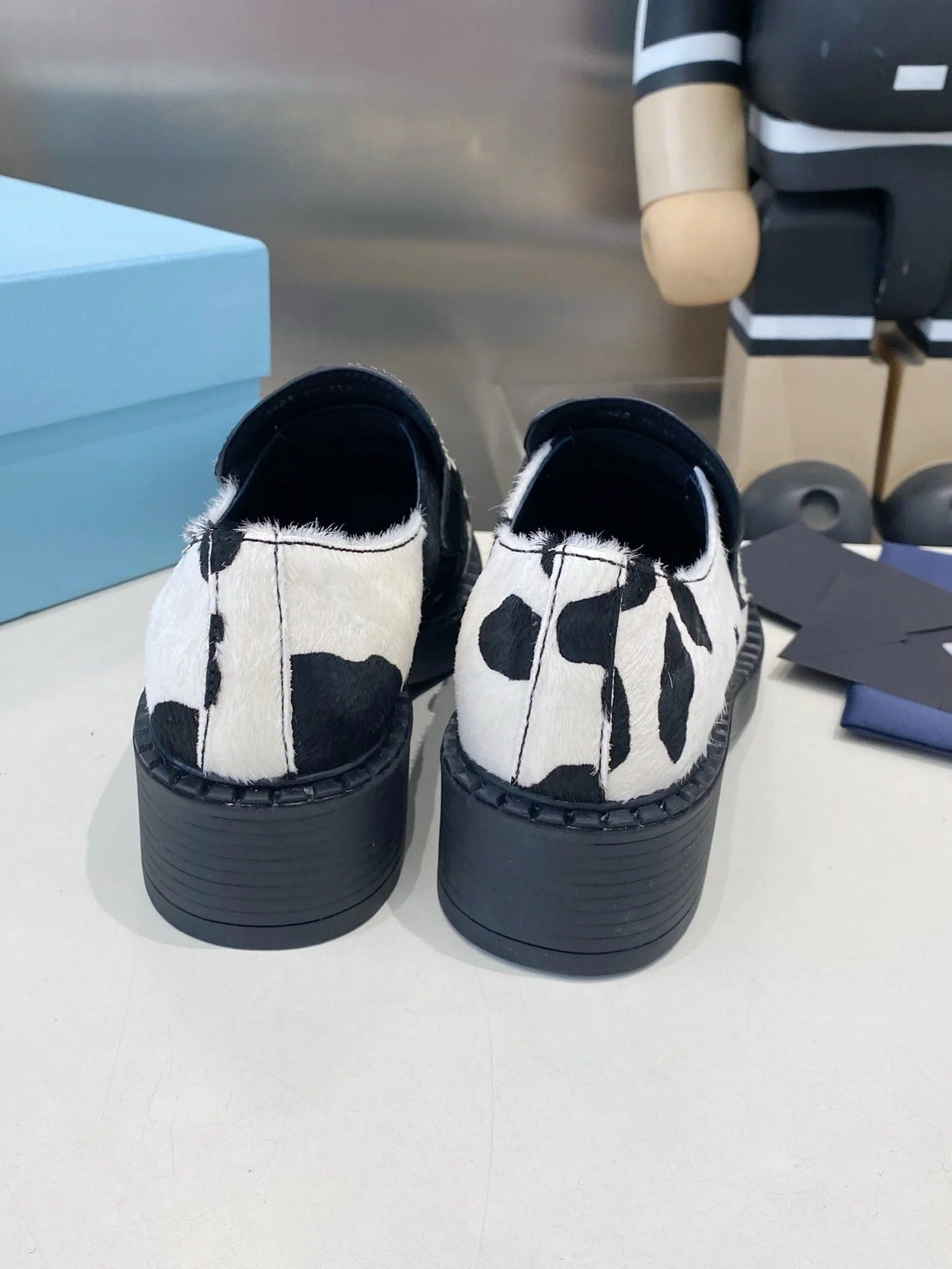 PRA 26S Platform Loafers Black White Cow Print Leather 628561