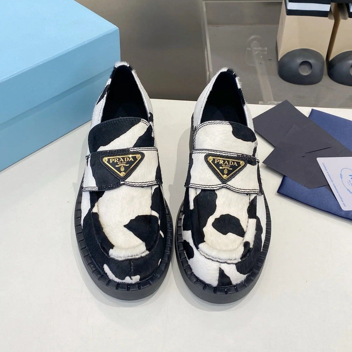 PRA 26S Platform Loafers Black White Cow Print Leather 628561
