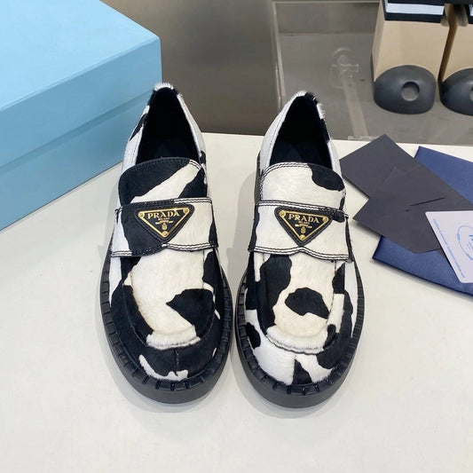 PRA 26S Platform Loafers Black White Cow Print Leather 628561